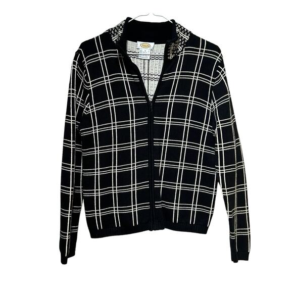 Talbots Black & White Checkered Plaid Zipper‎ Front Career Sweater Sz Medium - Picture 1 of 8